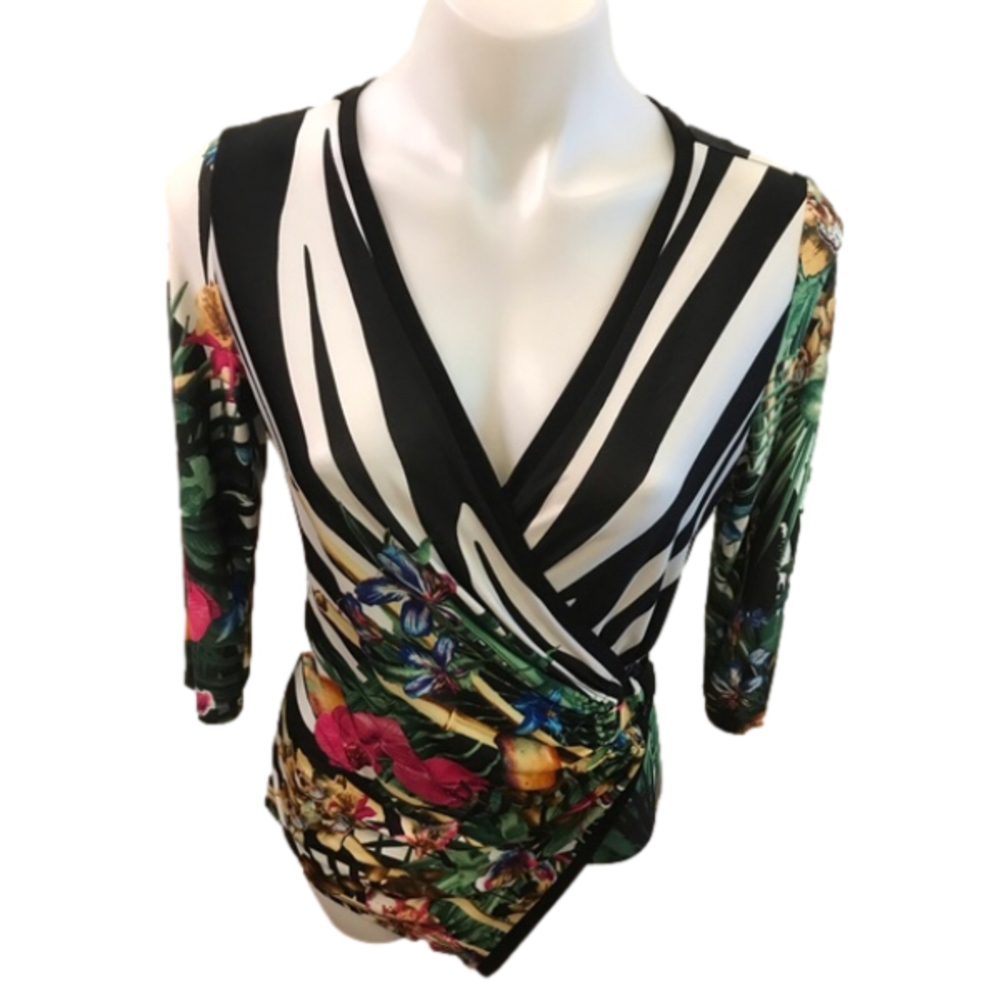 Joseph Ribkoff Asymmetrical Multi Floral Vneck Top